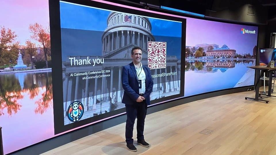 Jamel ABED on stage at the AI Community Conference DC 2026, in front of his closing slide